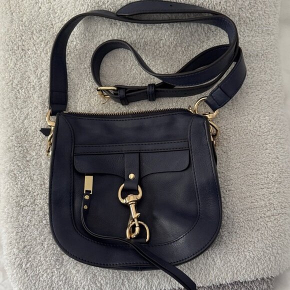 Rebecca Minkoff Navy Blue with Gold Dog Clip Cross-Body Saddle Bag - Picture 1 of 10